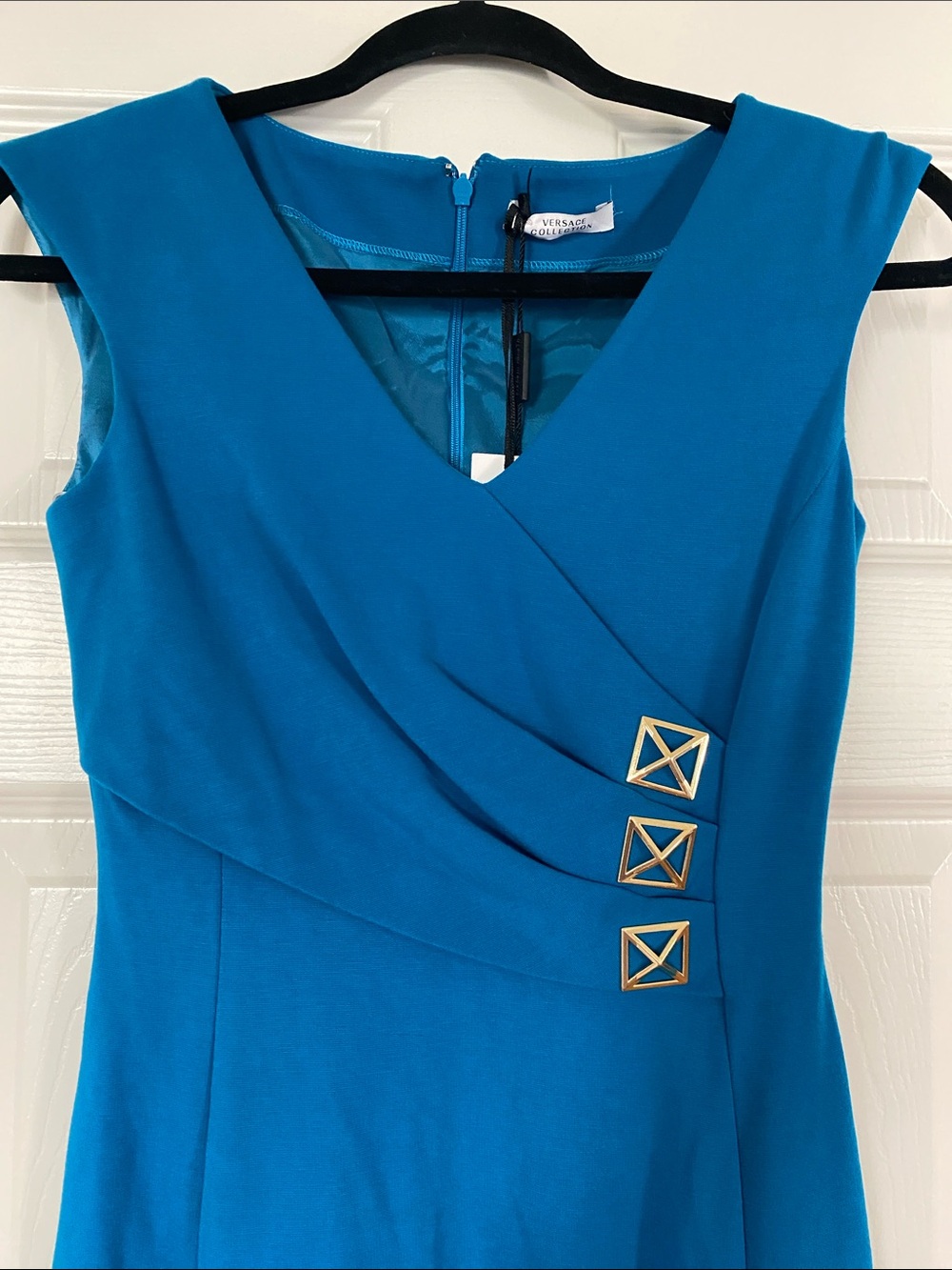 Versace Collection Teal Sheath Dress with Gold Buckles